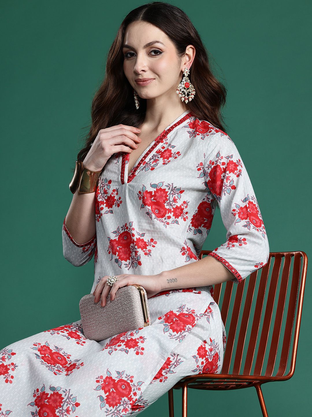 Dhiyona IE Floral Printed Mirror Work Pure Cotton Kurta with Trousers