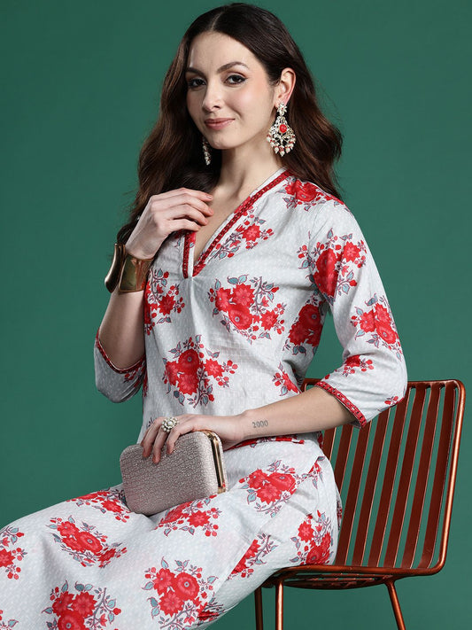 Floral Printed Mirror Work Pure Cotton Kurta with Trousers