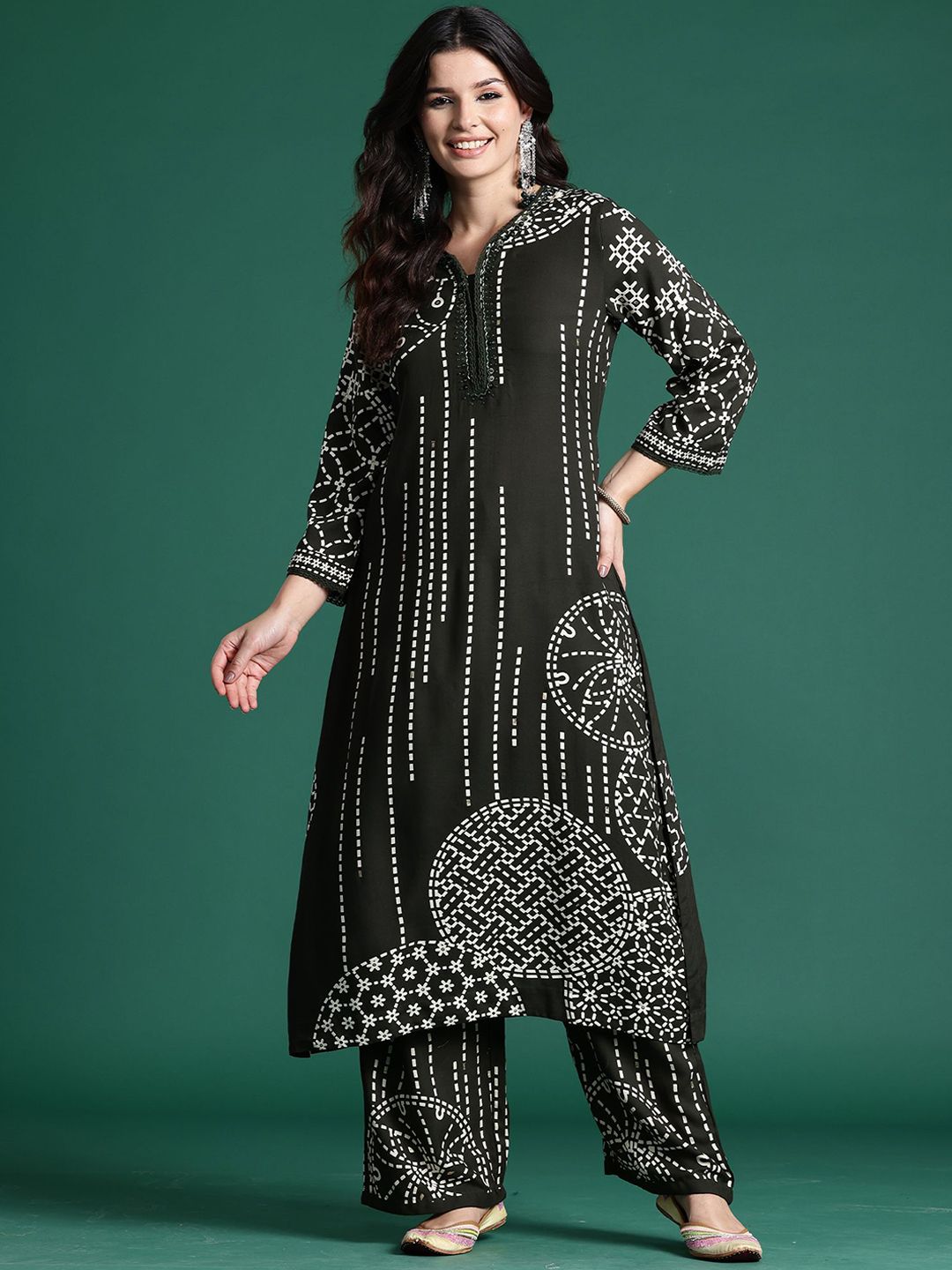 Dhiyona IE Floral Printed Three-Quarter Sleeves Tunic With Palazzos