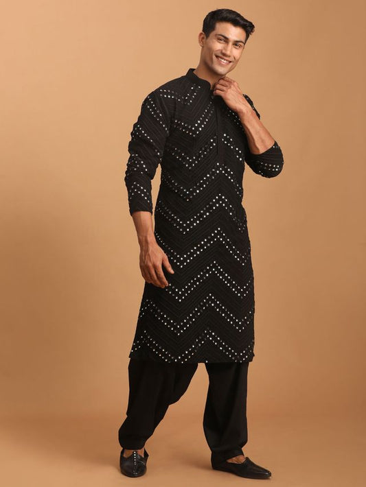Men's Black Georgette Straight Kurta and Patiala Set