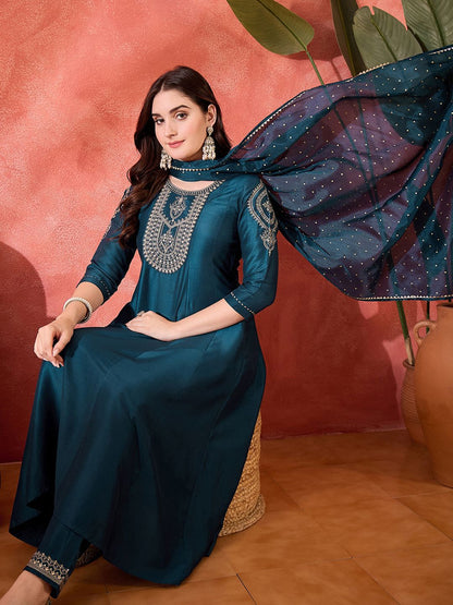 Dhiyona SN Women's Floral Yoke Design Sequinned Chinon Silk Anarkali Kurta With Trousers And Dupatta