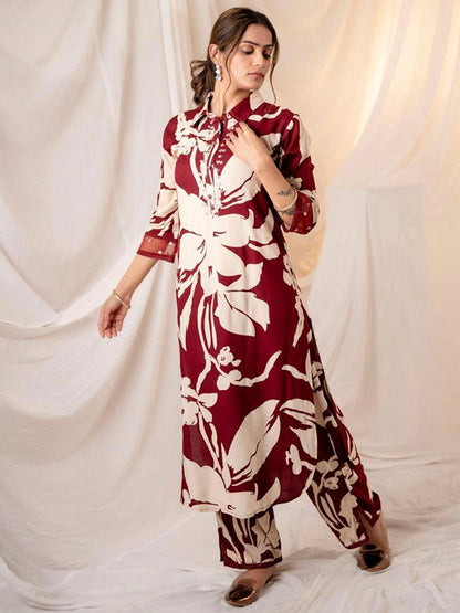 Women Floral Printed Regular Sequinned Kurta with Trousers