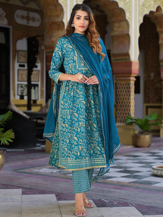 Dhiyona KL Women Floral Embroidered Pure Cotton Kurta with Trousers & With Dupatta