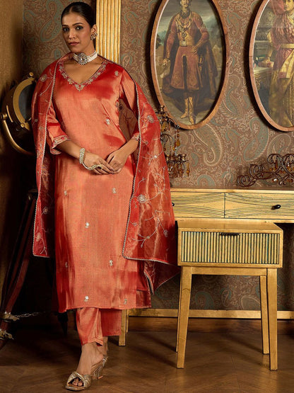 Floral Embroidered V-Neck Regular Liva Kurta With Trouser With Dupatta