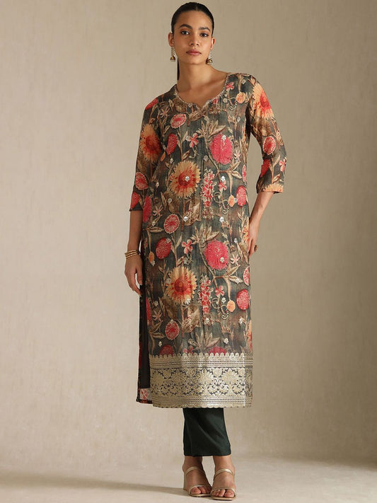 Dhiyona SO Women's Women Floral Embroidered Regular Sequinned Kurta with Trousers