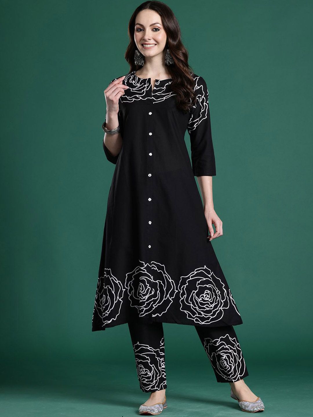 Dhiyona IE Floral Printed Pure Cotton Round Neck Tunic With Trousers Co-Ords