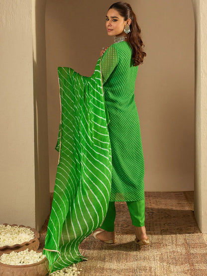 Dhiyona IE Leheriya Printed Straight Sequinned Georgette Kurta with Trousers & Dupatta