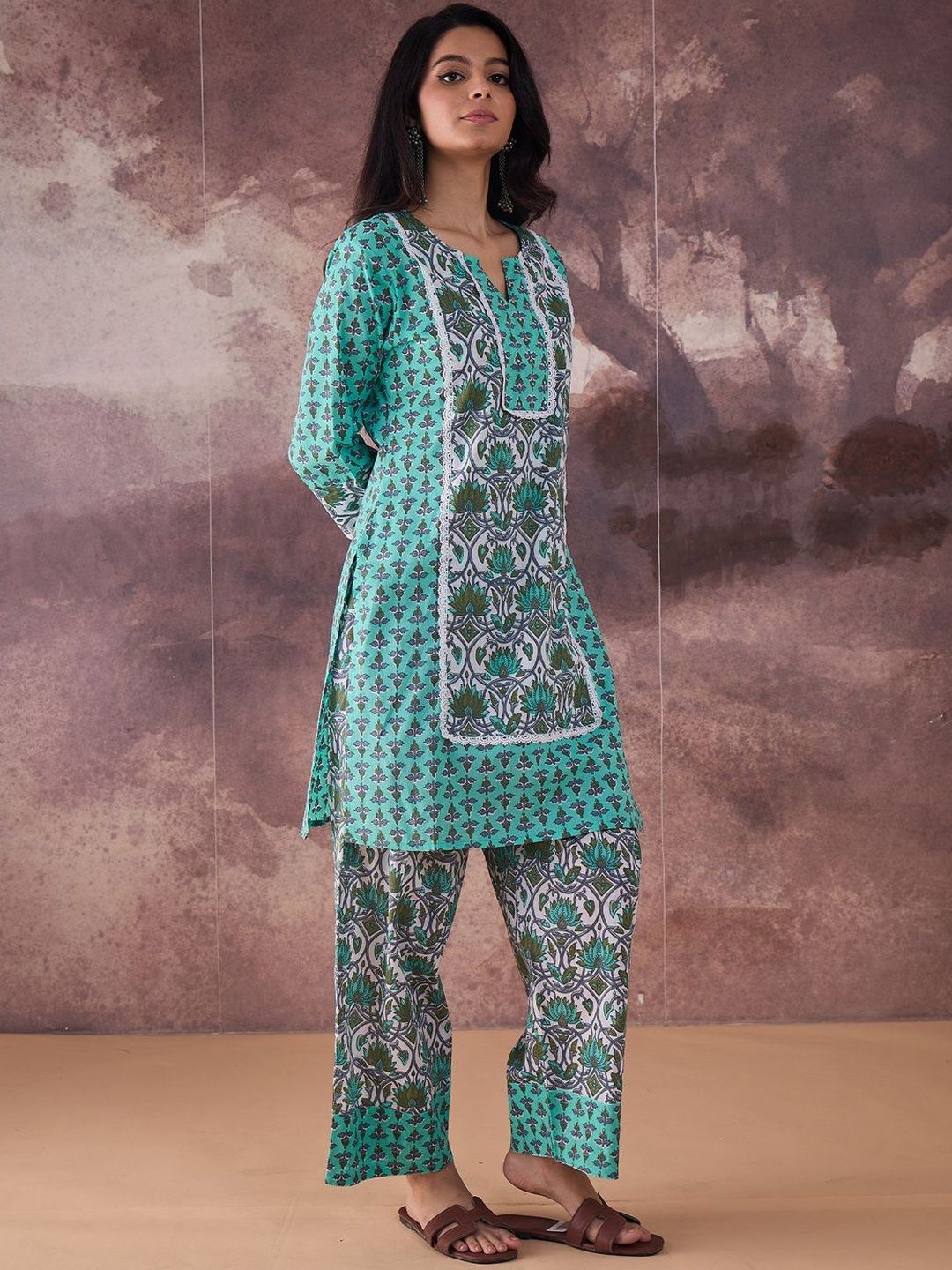 Dhiyona IE Printed Notch Neck Pure Cotton Tunic With Trousers