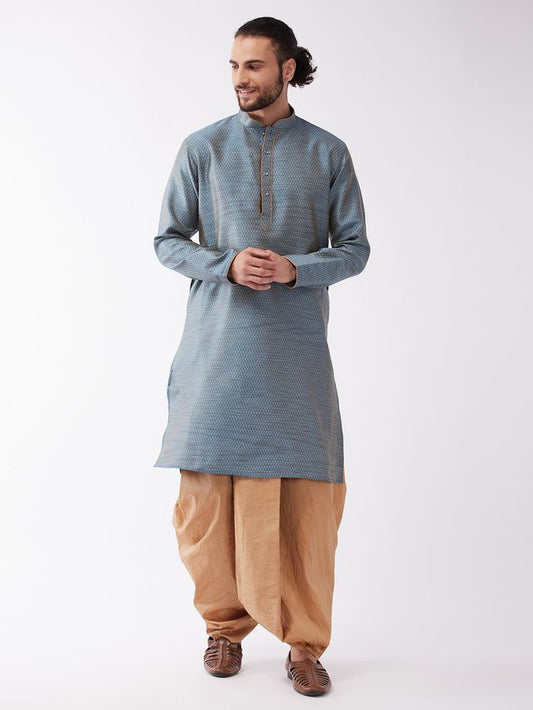 Men's Aqua Silk Blend Straight Kurta and Dhoti Set