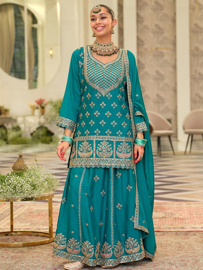 Dhiyona IE Women Ethnic Motifs Embroidered Kurta with Sharara & Dupatta