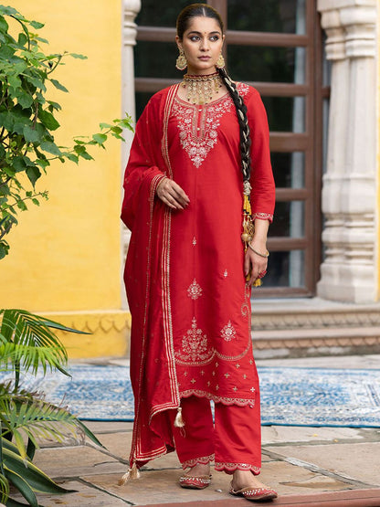 Dhiyona CH Floral Embroidered Thread Work Straight Kurta With Trousers & Dupatta