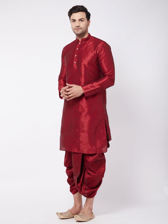 Men's Maroon Silk Blend Straight Kurta and Dhoti Set