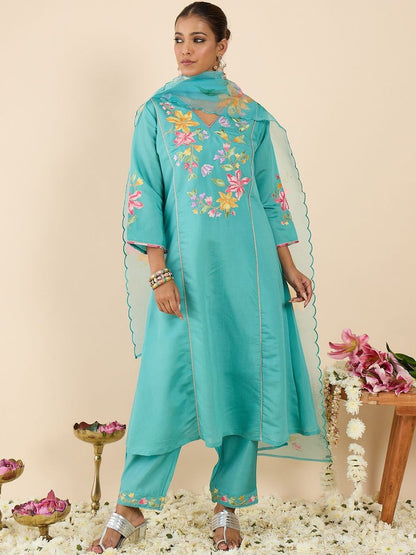 Women Floral Embroidered Regular Thread Work Kurta with Trousers & With Dupatta