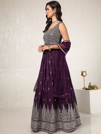 Dhiyona SO Women's Geometric Embroidered Regular Sequinned Anarkali Kurta & Churidar With Dupatta