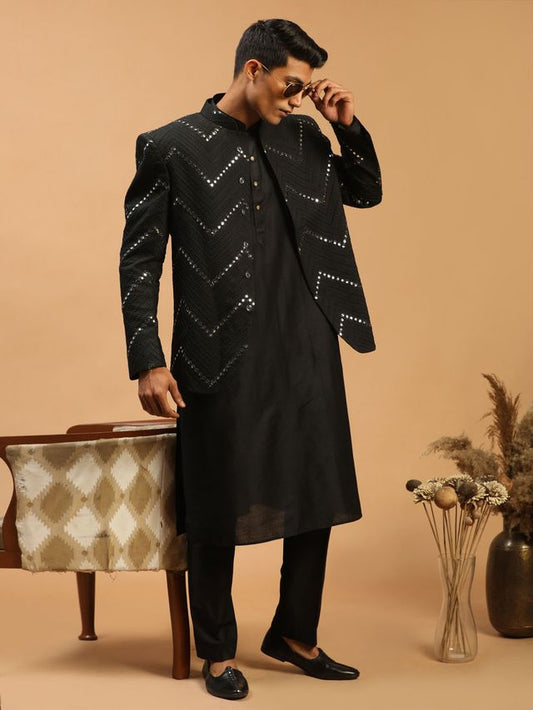 Men's Black Viscose Straight Jacket  Kurta and Pyjama Set