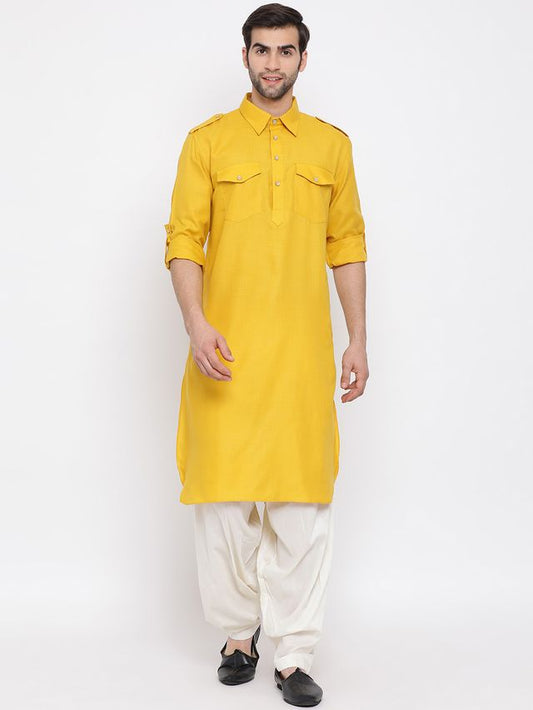 Men's Mustard Cotton Blend Pathani Pathani Kurta Set