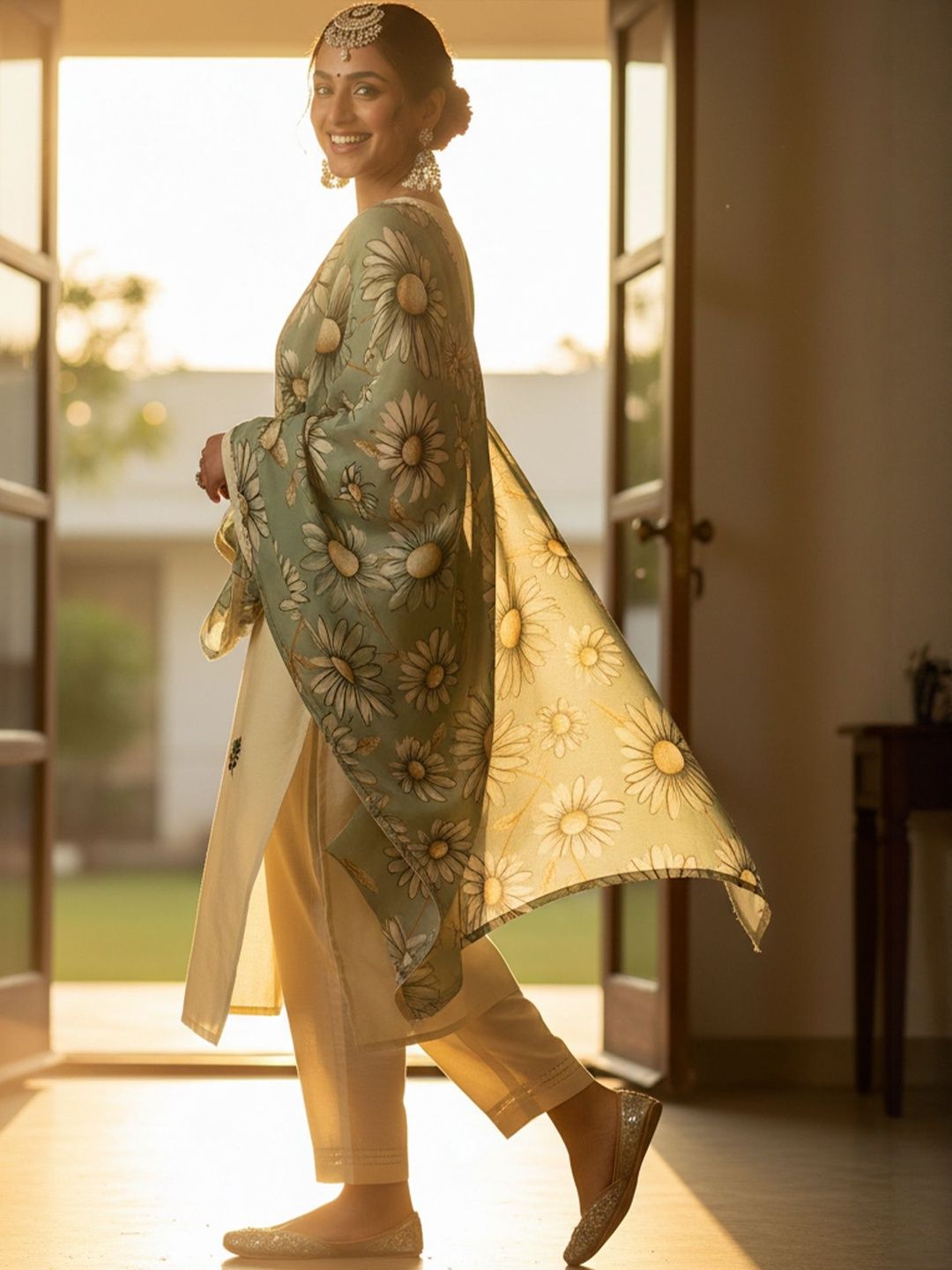 Floral Embroidered Regular Thread Work Kurta With Trousers & Dupatta