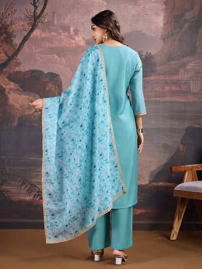 Dhiyona PD Women Ethnic Motifs Yoke Design Sequinned Straight Kurta & Trouser With Dupatta