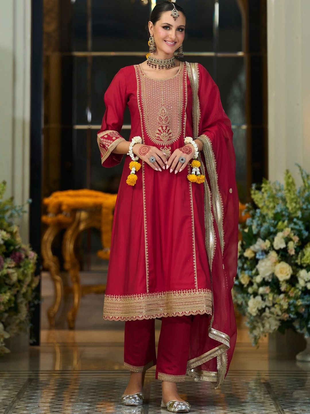 Women Ethnic Motifs Embroidered Zari A-Line Kurta with Trousers & Dupatta