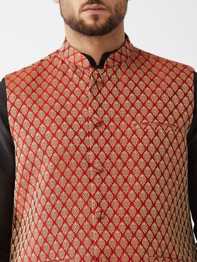 Men's Black Silk Blend Straight Jacket  Kurta and Dhoti Set