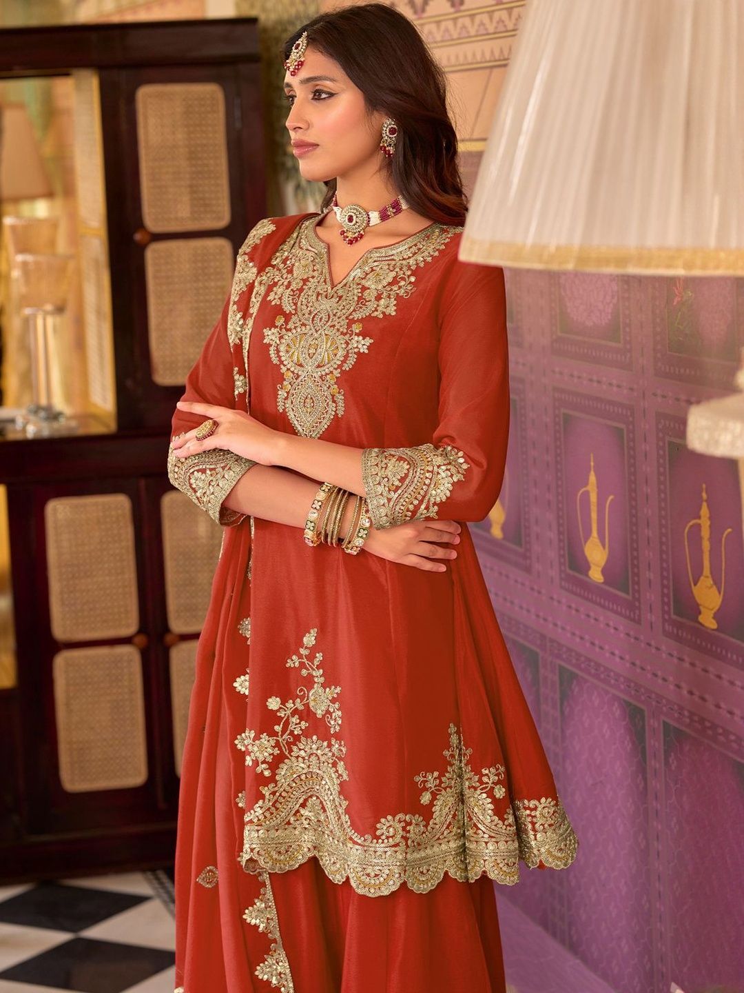 Dhiyona IE Women Ethnic Motifs Embroidered A-Line Kurta with Sharara & Dupatta