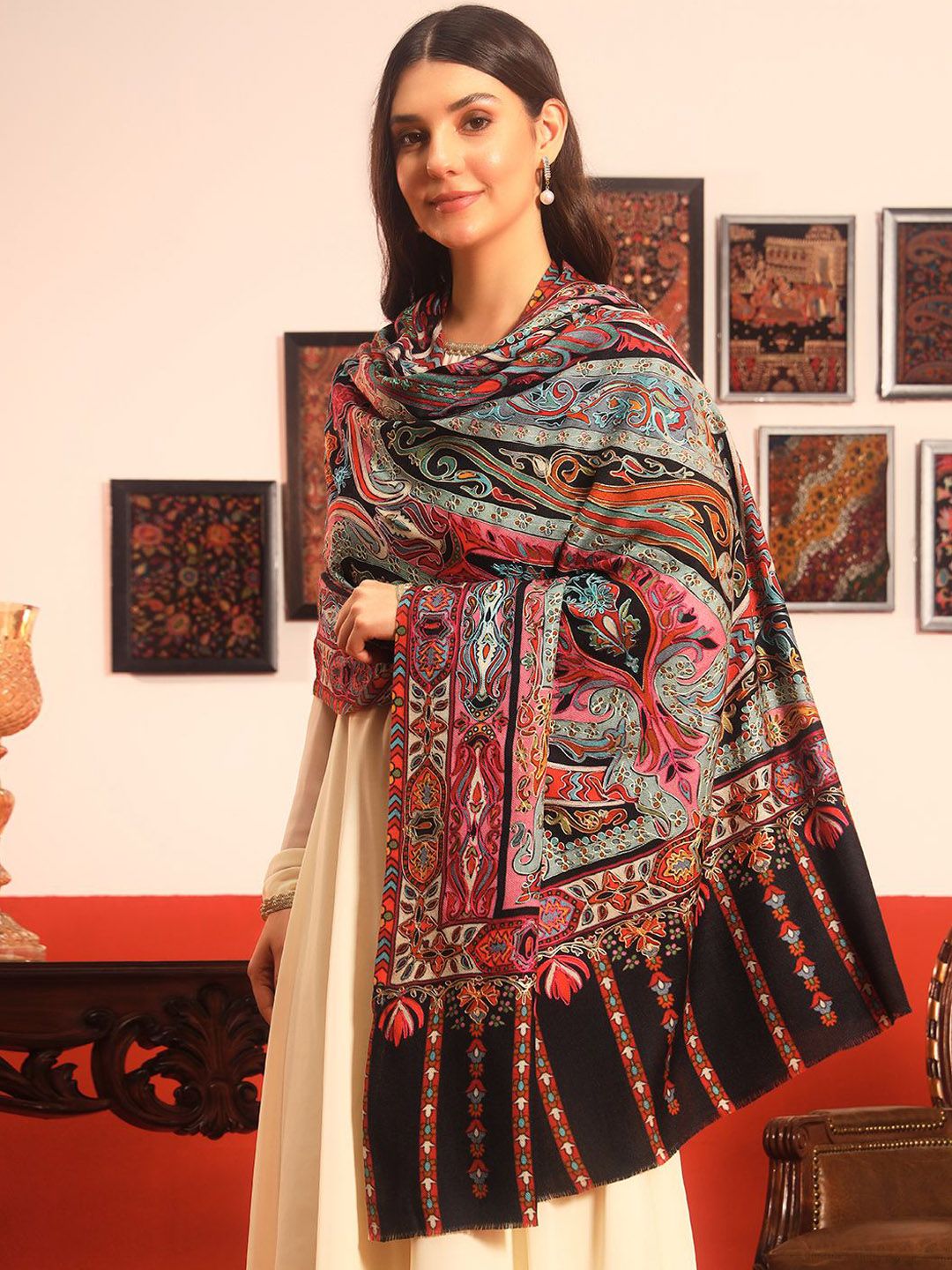 Dhiyona PA Rangrez Pure Wool Kalamkari Paisley Embroidered Shawl