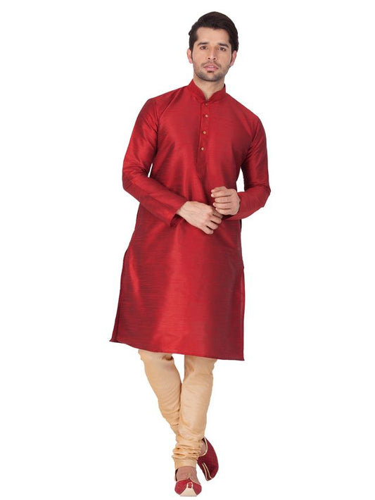 Men's Maroon Silk Blend Straight Kurta Pyjama Set