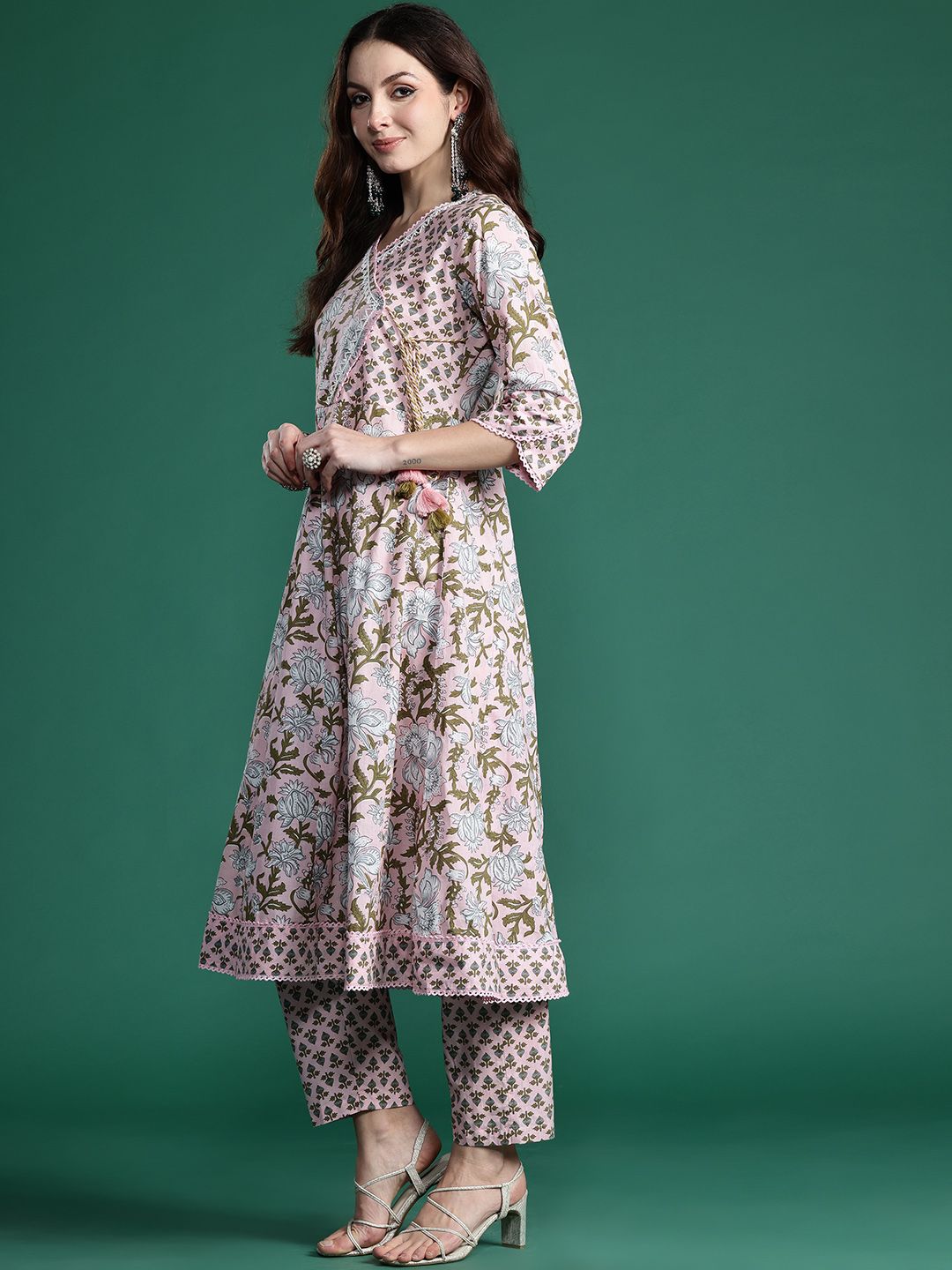 Floral Printed Angrakha Beads and Stones Pure Cotton Kurta Set & With Dupatta