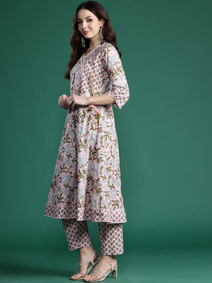 Floral Printed Angrakha Beads and Stones Pure Cotton Kurta Set & With Dupatta