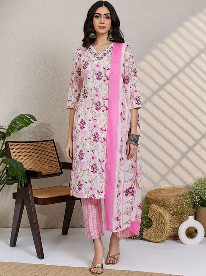 Women Floral Printed Regular Thread Work Pure Cotton Kurta with Trousers & With Dupatta