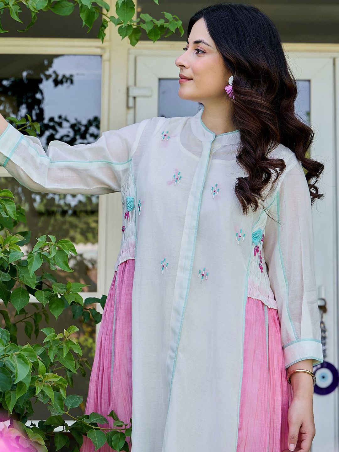 Dhiyona IE Floral Printed Pure Cotton Mandarin Collar Tunic With Trousers