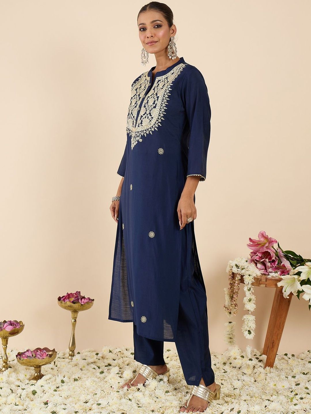 Dhiyona IE Printed Mandarin Collar Three-Quarter Sleeves Top With Trousers