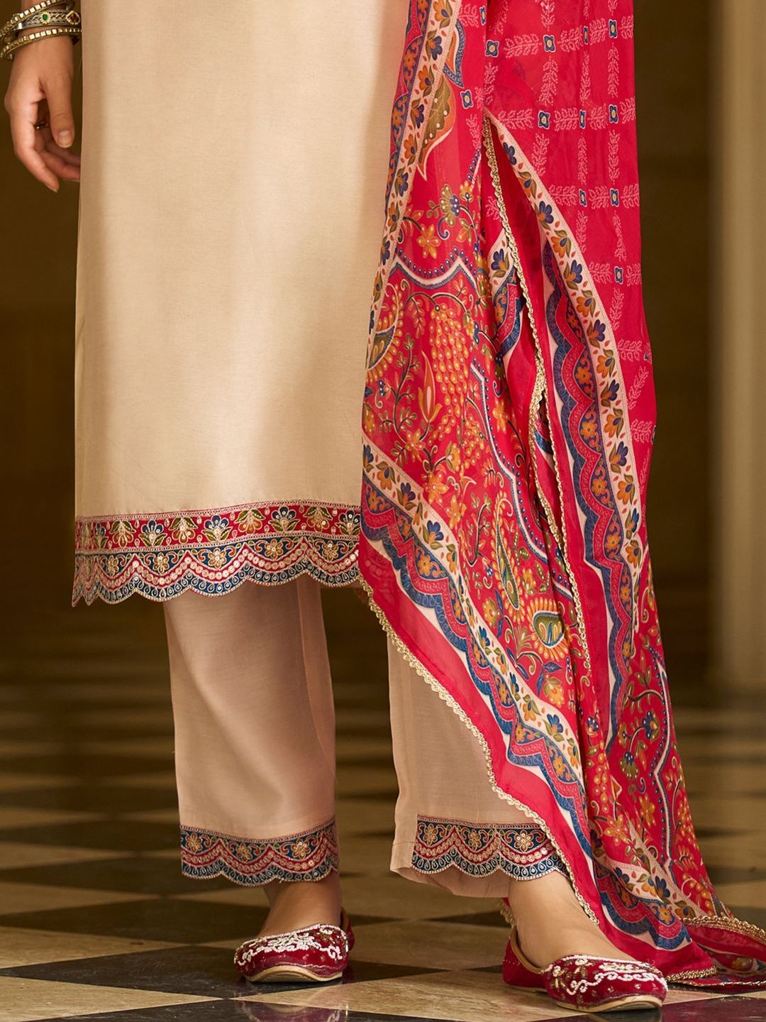 Ethnic Motifs Printed V-Neck Thread Work Kurta With Trousers & Dupatta