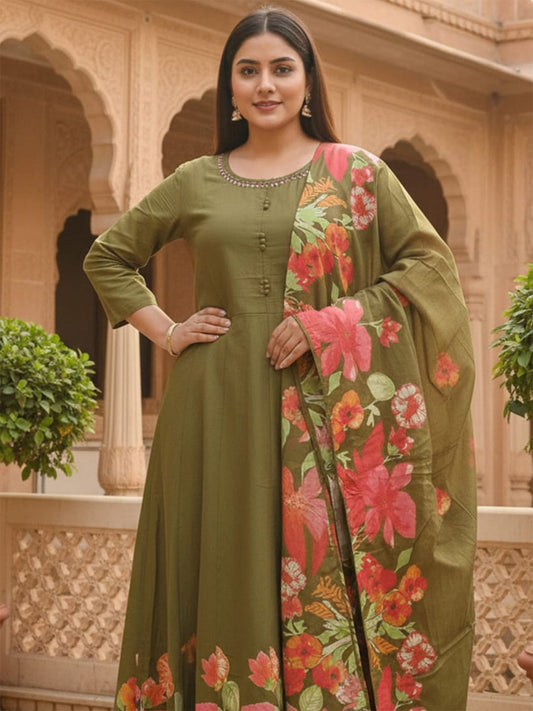 Floral Printed Empire Pure Cotton Kurta With Trousers & Dupatta