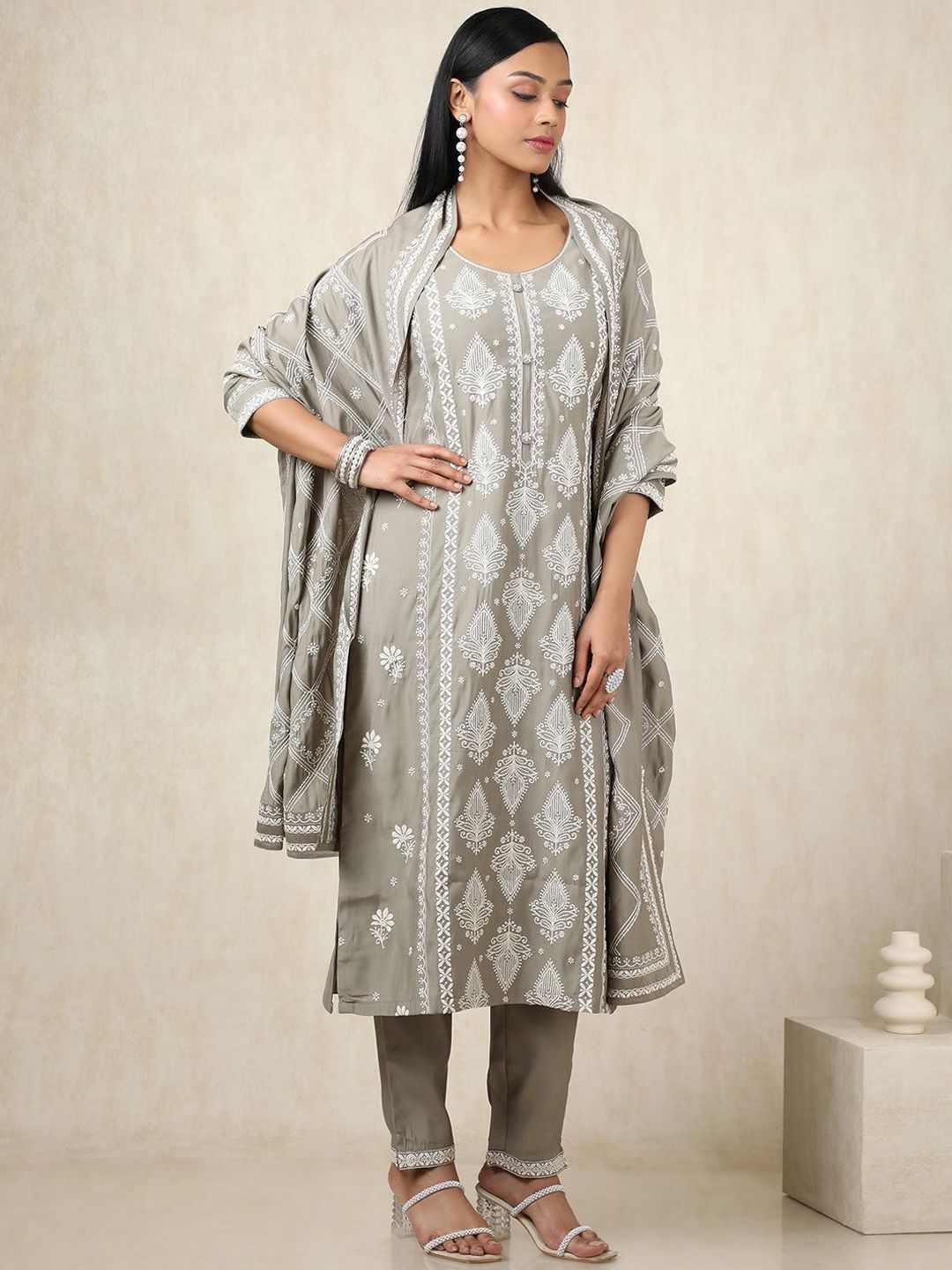 Dhiyona SO Women's Women Ethnic Motifs Printed Regular Chanderi Cotton Kurta with Trousers & With Dupatta