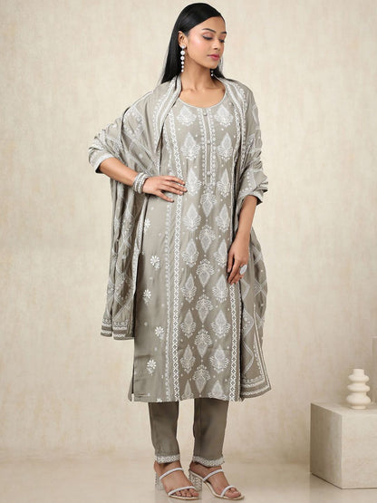 Dhiyona SO Women's Women Ethnic Motifs Printed Regular Chanderi Cotton Kurta with Trousers & With Dupatta