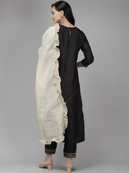 Women Ethnic Motifs Embroidered Regular Thread Work Liva Kurta with Trousers & With Dupatta