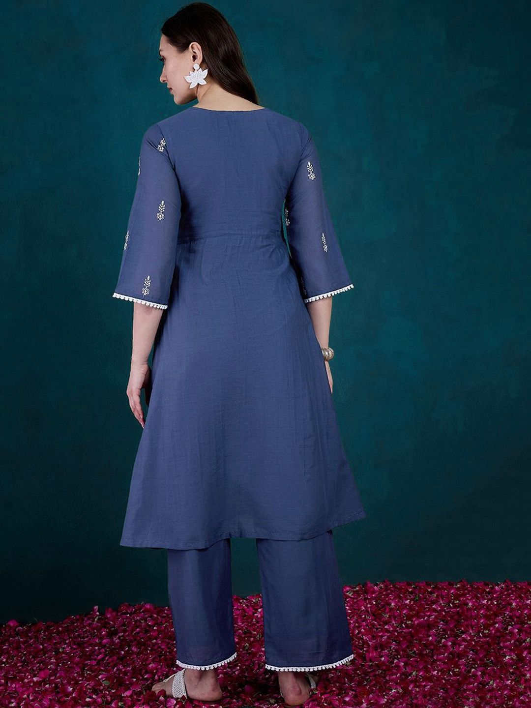 Dhiyona SN Women's Floral Embroidered V Neck Sequinned Pure Cotton Anarkali Kurta & Trousers