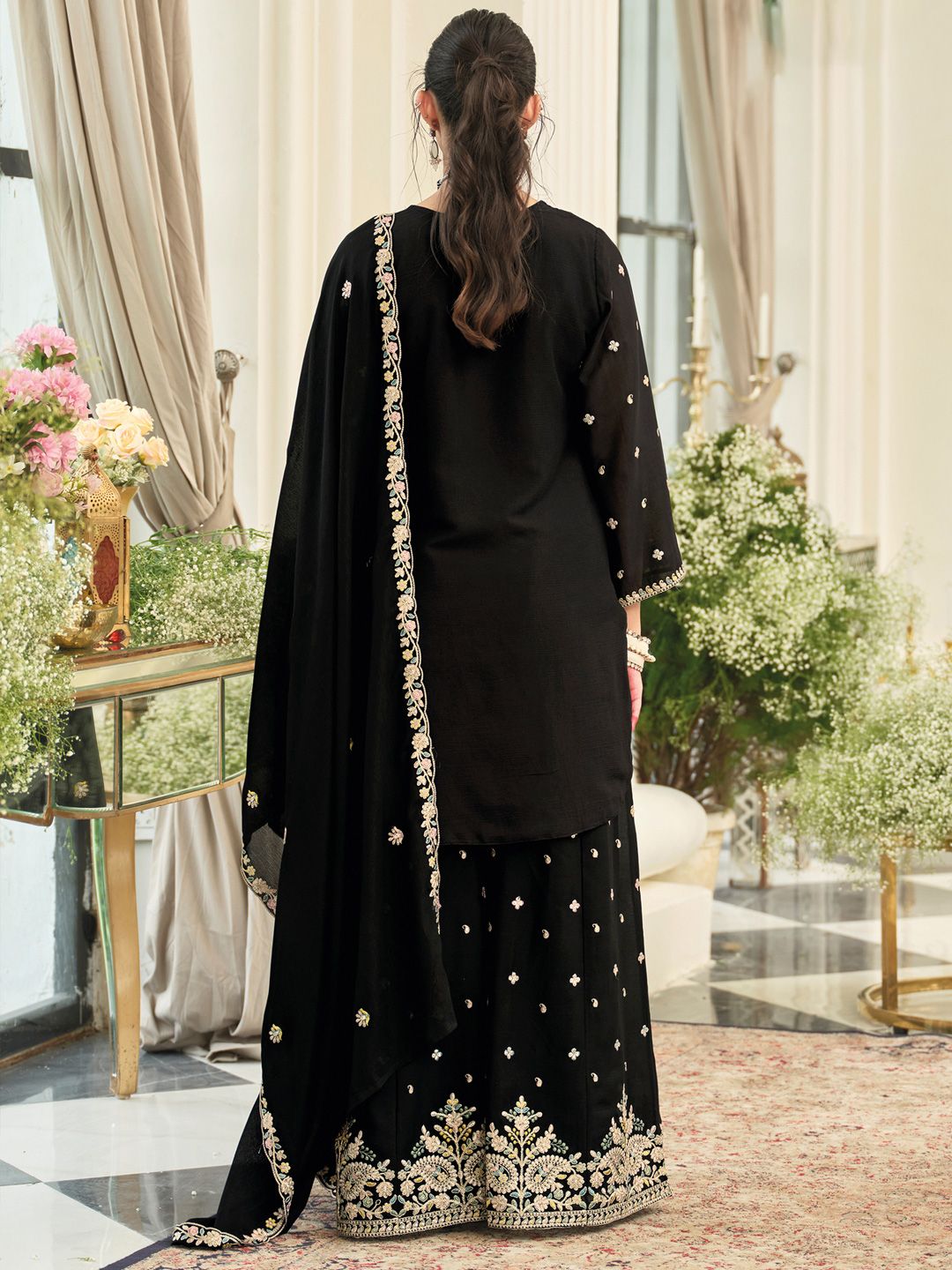 Paisley Embroidered Sequinned Straight Kurta With Palazzos & Dupatta