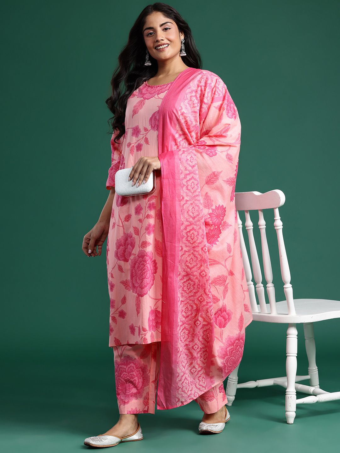 Floral Print Pure Cotton Kurta with Trousers & Dupatta