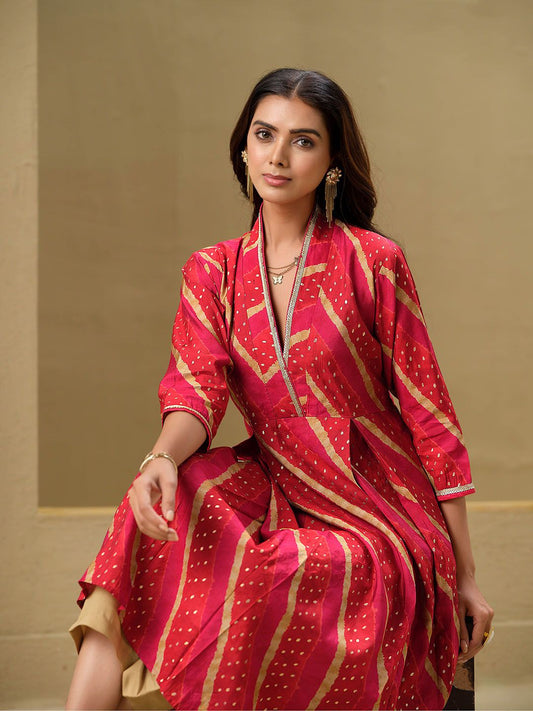 Dhiyona SN Women's Leheriya Printed A-Line Kurta & Trousers Set