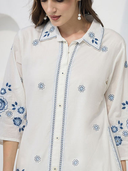 Floral Embroidered Thread Work Pure Cotton Kurta With Trousers