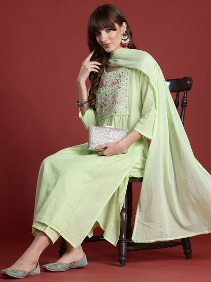 Women Floral Embroidered Panelled Thread Work Pure Cotton Kurta with Trousers & With Dupatta