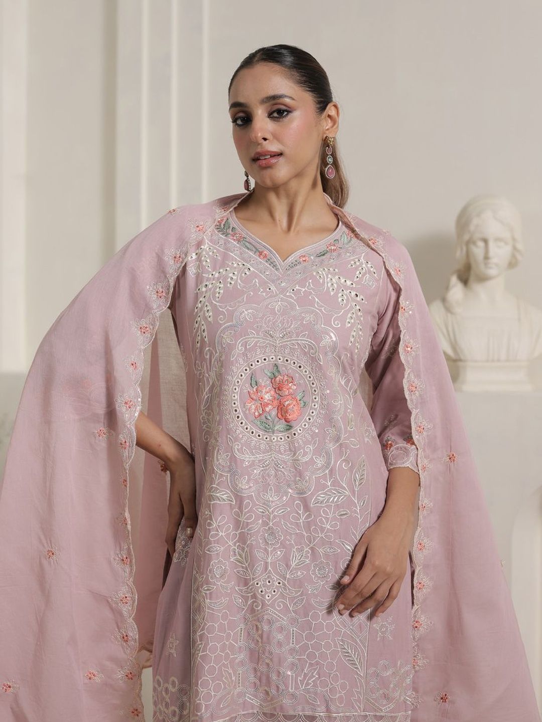 Ethnic Motifs Embroidered Thread Work Pure Cotton Kurta With Trousers & Dupatta