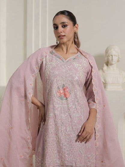 Ethnic Motifs Embroidered Thread Work Pure Cotton Kurta With Trousers & Dupatta