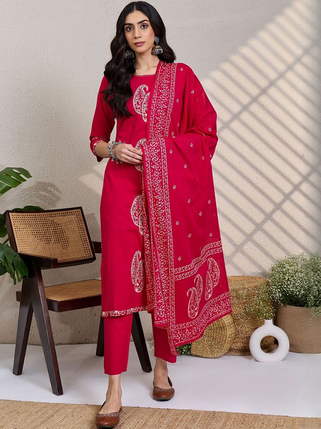 Dhiyona IE Paisley Printed Thread Work Pure Cotton Kurta With Trousers & Dupatta