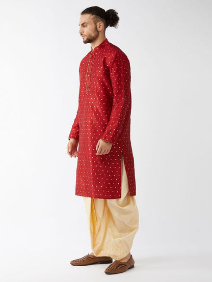 Men's Maroon Silk Blend Straight Kurta and Dhoti Set