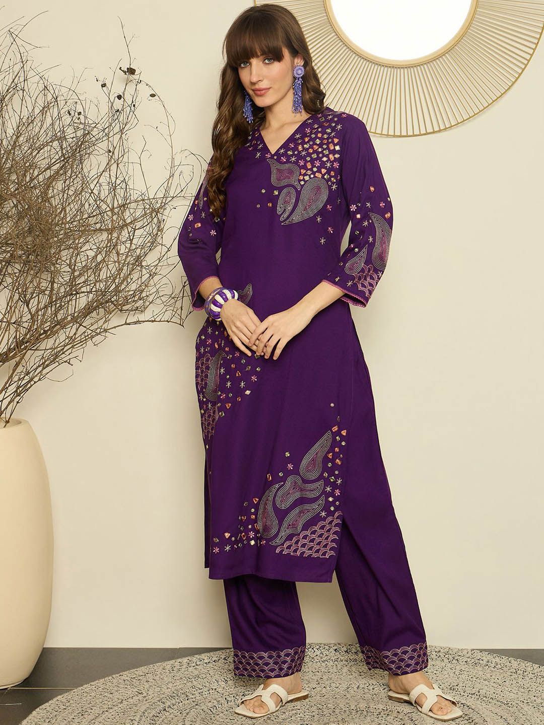 Women Ethnic Motifs Embroidered Regular Mirror Work Kurta with Palazzos