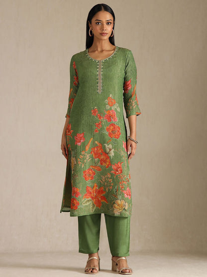 Dhiyona SO Women's Floral Printed Mirror Work Straight Kurta with Trouser
