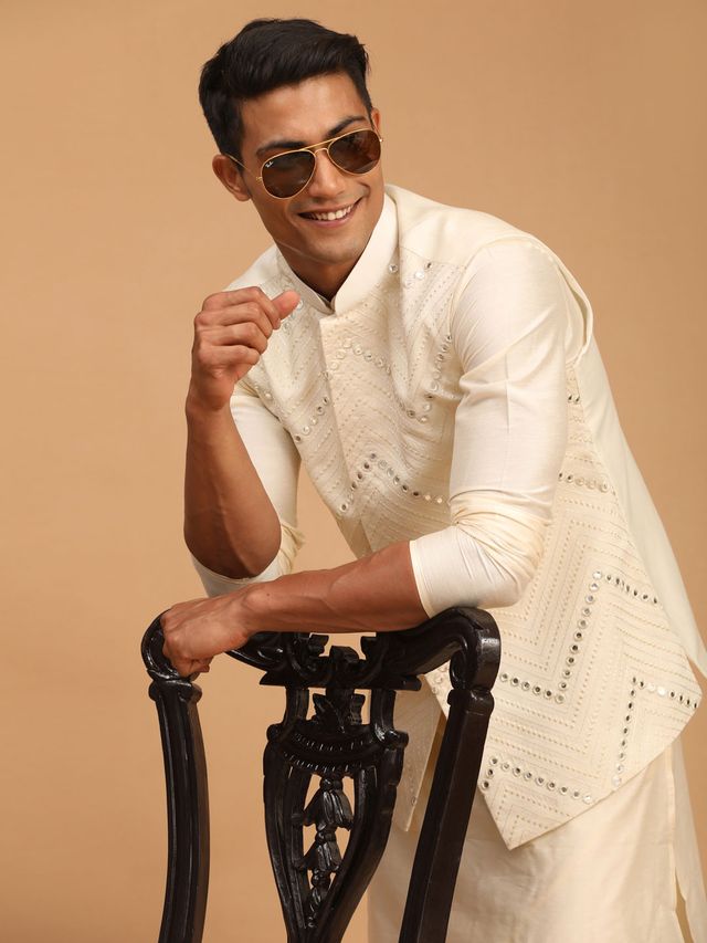 Men's Cream Viscose Straight Jacket  Kurta and Pyjama Set
